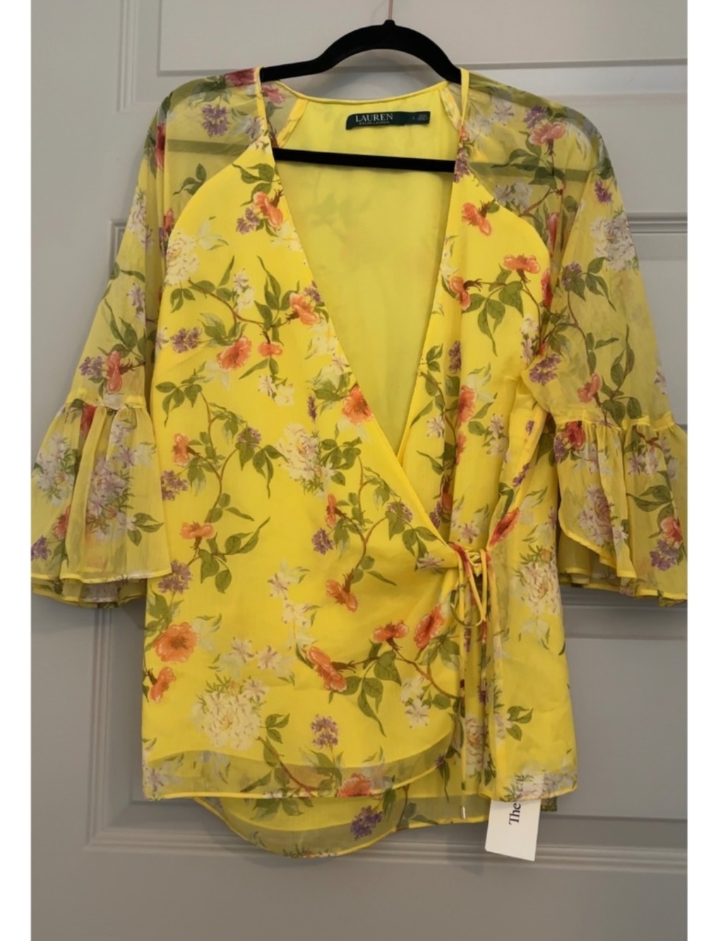 Like New ~ Lauren Ralph Lauren Yellow Floral Wrap Blouse W/Ruffle Sleeves ~ Sz L